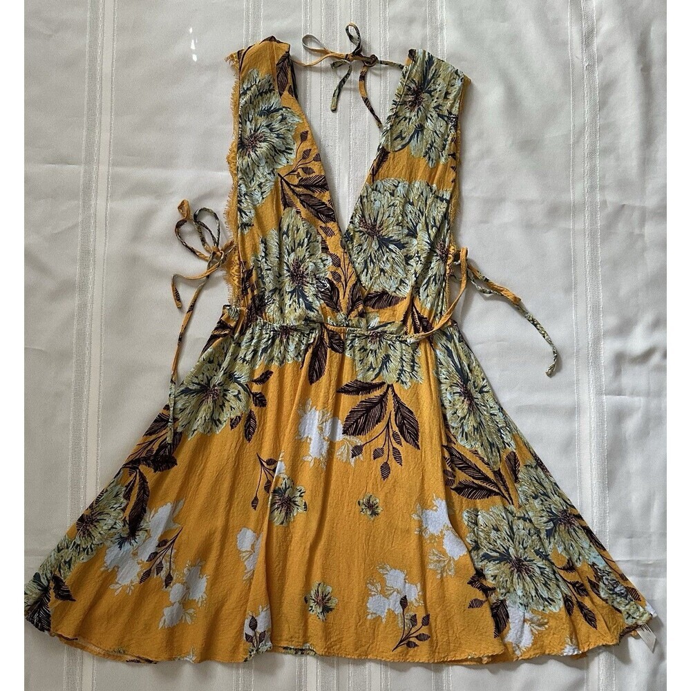 Free People "Marnie" Golden Yellow Floral Short Dress Size S Rayon Boho Floral. - Picture 9 of 16